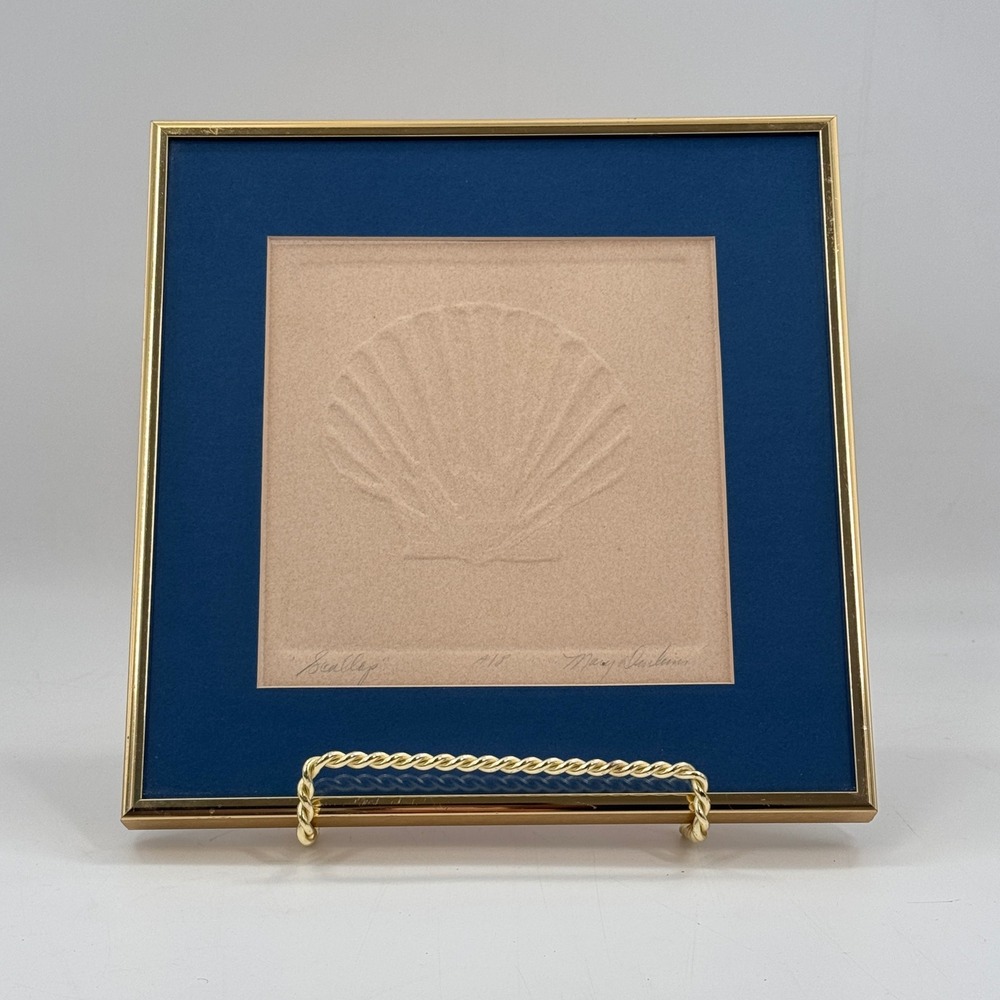Vintage Scallop Shell Embossed Print Mary Dinkins Signed Framed Coastal Art
